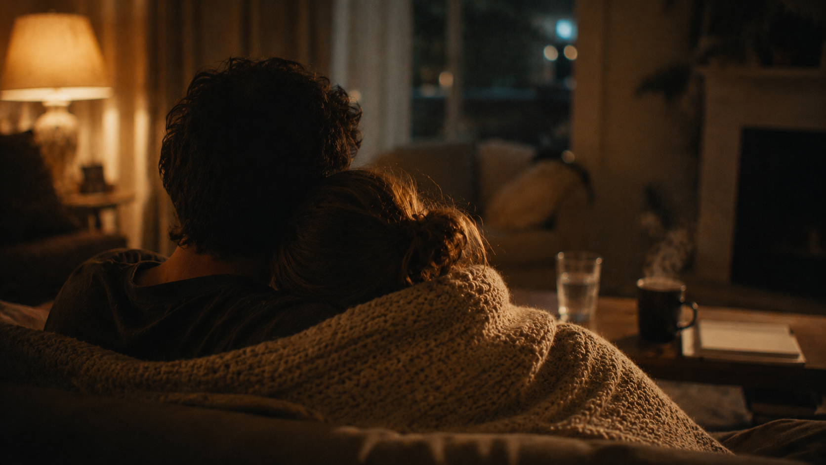 Two people wrapped in a blanket, looking at each other quietly.