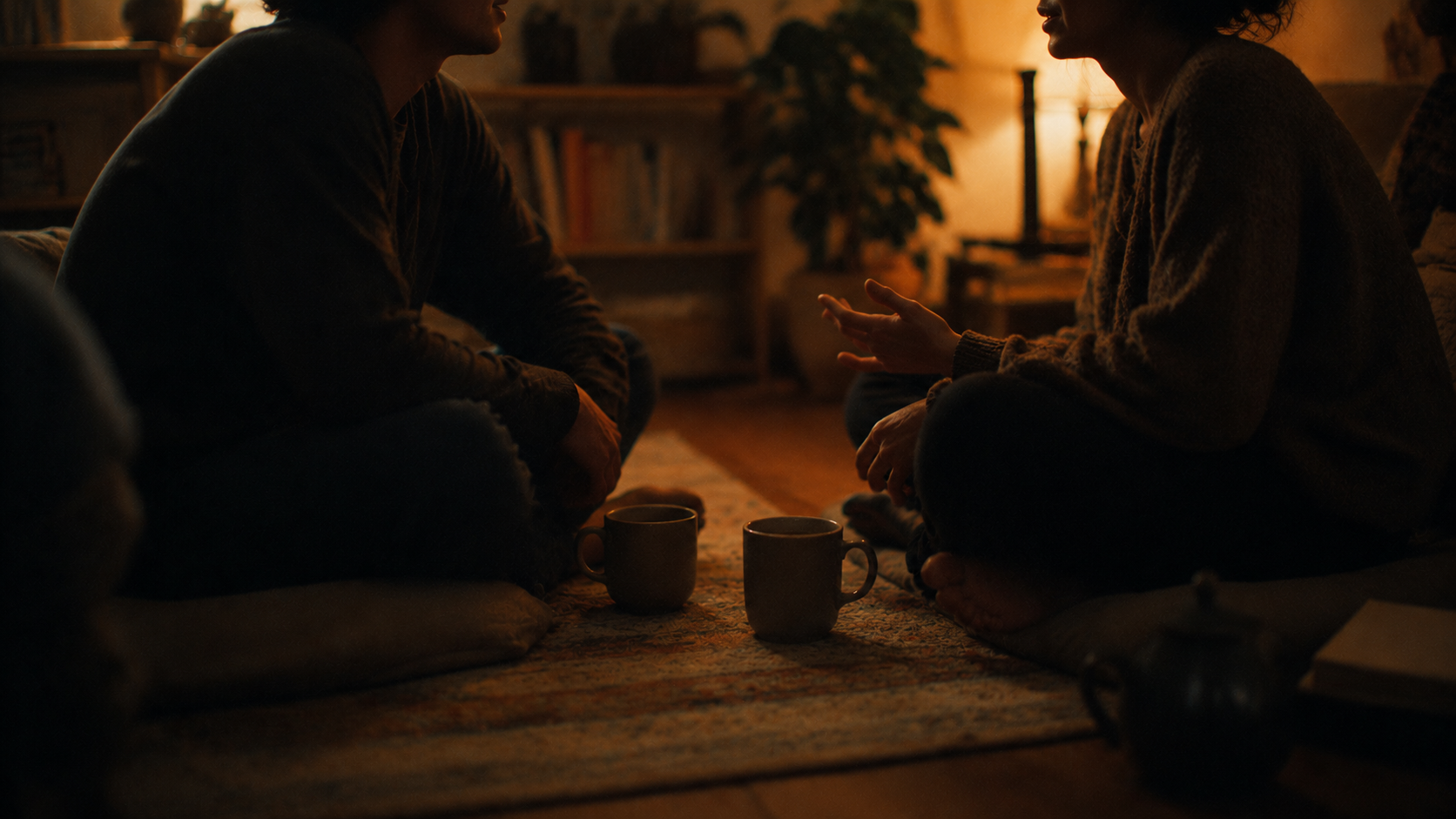 Two people facing each other on a couch, listening.