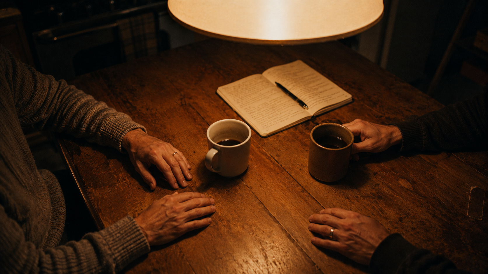 Two coffee mugs at a kitchen table, late evening, one half empty.