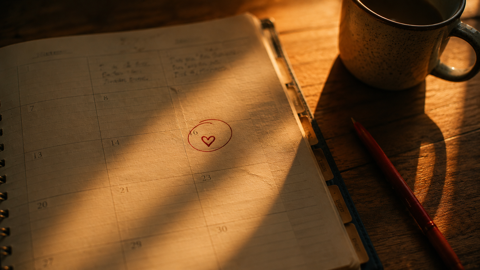 A planner or calendar with a date circled, soft warm light.
